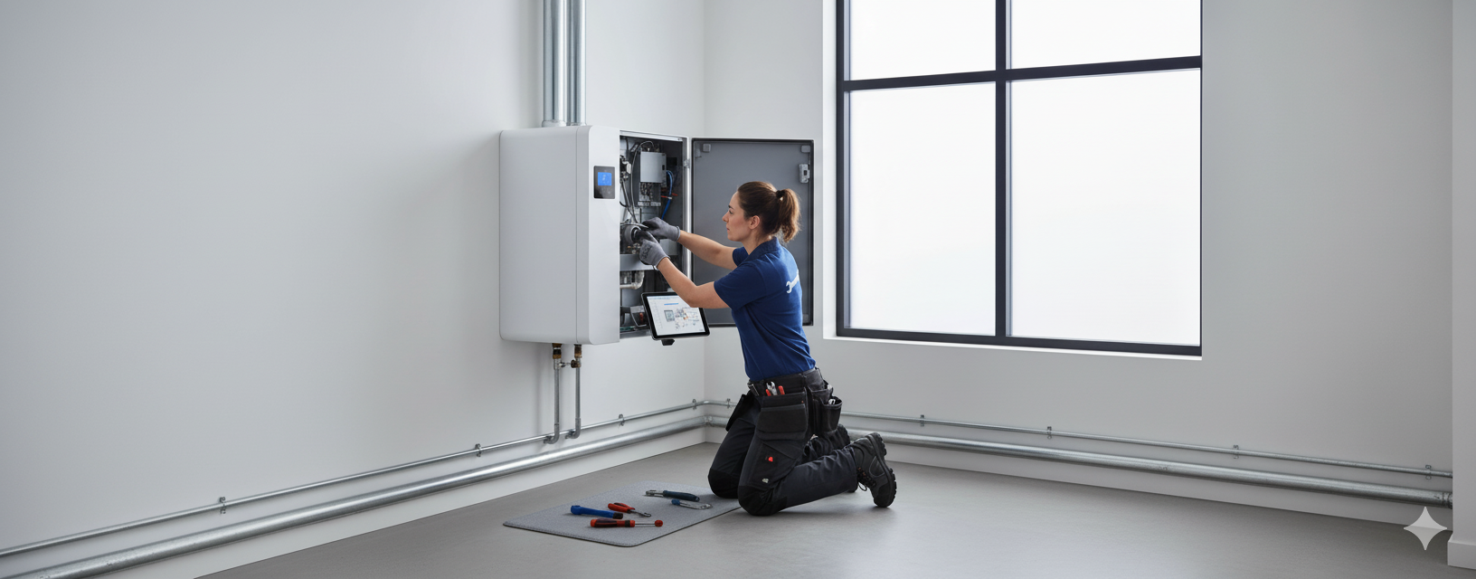 Eine professionelle Technikerin bei der Wartung einer modernen Heizungsanlage in einem sauberen Heizungsraum.